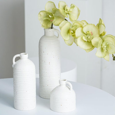 Set Of 3 Small Ceramic Vases For Dining Table Decor, Rustic Farmhouse Style White Flower Vases, Mini Decorative Vases For Single Flower - Heights 4, 8, 10 Inches