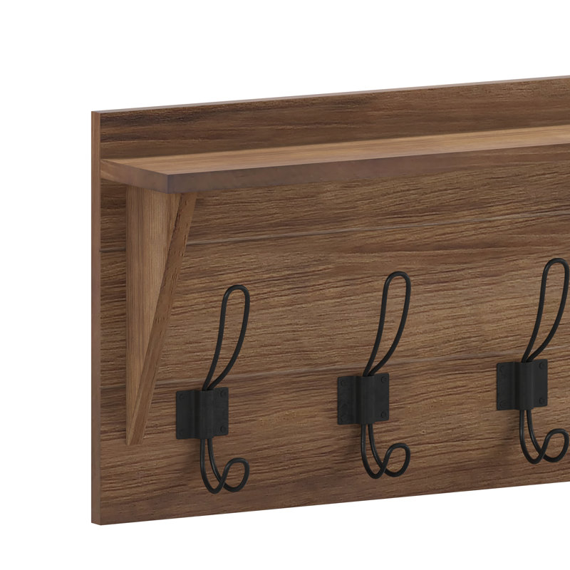 Nariaki Wall Mounted Solid Pine Wood Storage Rack with Upper Shelf and 5 Hanging Hooks, Rustic Brown