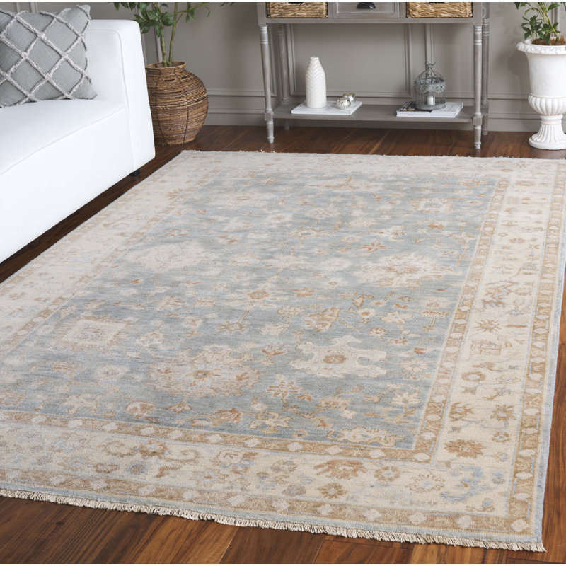 Rectangle Solid Color Hand-Knotted Wool/Cotton Area Rug in Beige, Rectangle 6' x 9'