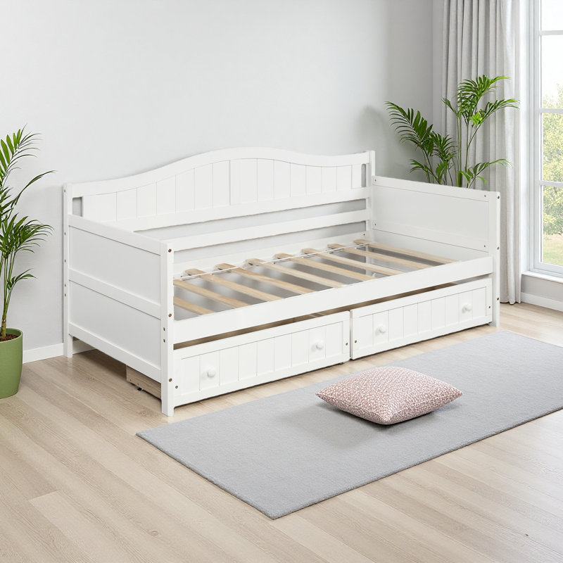 Twin Wooden Daybed With 2 Drawers, Sofa Bed For Bedroom Living Room,No Box Spring Needed, White