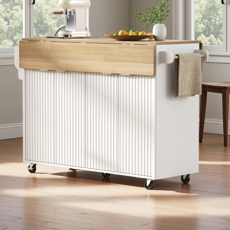 Îlot de cuisine cannelé de 55,5 po avec 2 abattants, chariot de rangement de cuisine avec prise de courant, 4 portes, étagère à épices, table d'îlot roulant, bord incurvé pour la cuisine, la salle à manger