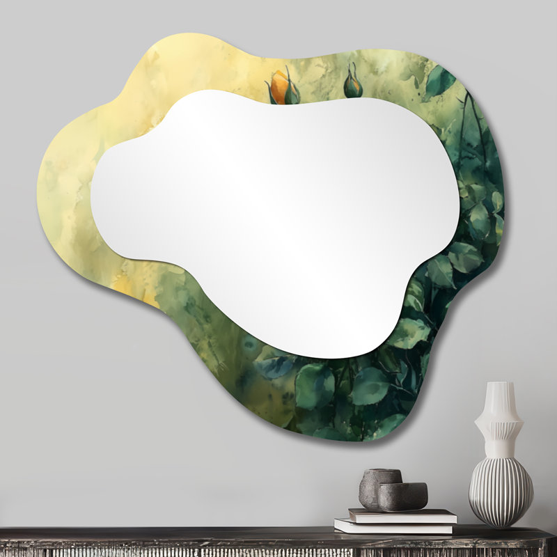 Sunlit Roses of Summer Bloom I - Roses, miroir asymétrique irrégulier, miroir mural moderne, imprimé sur métal, 25 po x 28 po