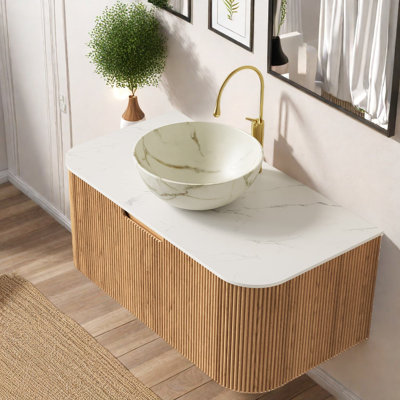 Ensemble de coiffeuse flottante moderne avec lavabo en céramique et plateau en pierre frittée