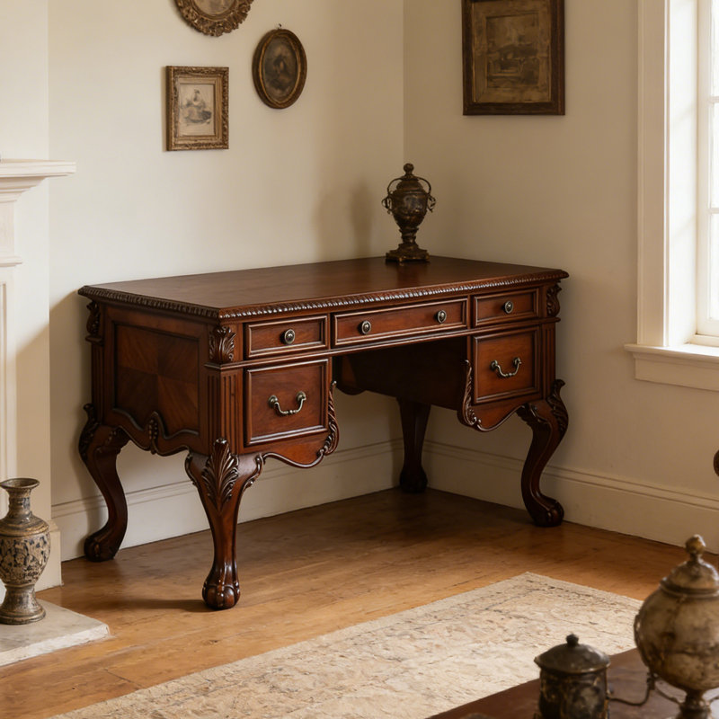 Bureau d'écriture en bois massif rouge-brun de style européen avec tiroirs, bureau d'ordinateur pour bureau et travail à domicile