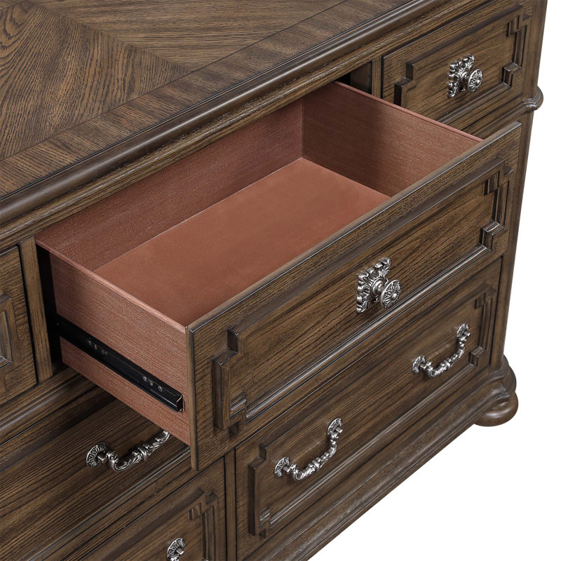 Ensemble de commodes et de miroirs arqués à finition traditionnelle avec 7 tiroirs, design élégant pour les meubles de chambre à coucher