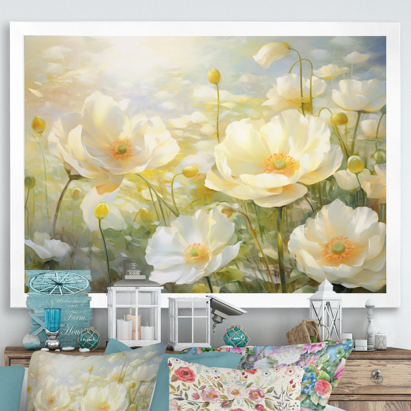«White Yellow Buttercups Romantic Impression I», reproduction sur toile, Cadre flottant doré, H 30 po x l 40 po x P 1,5 po
