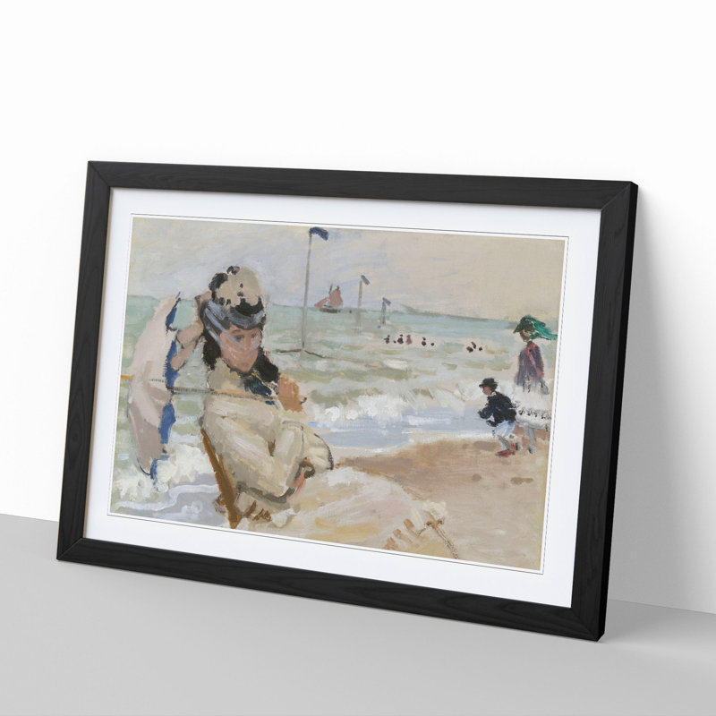 Camille on the Beach in Trouville by Claude Monet - Picture Frame Painting, 36cm H x 48cm W x 2cm D, Black Framed