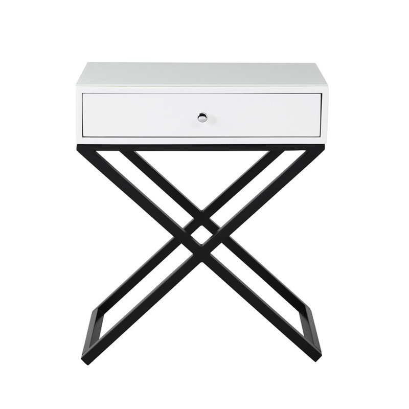 Wooden End Side Table Nightstand With Glass Top, Drawer And Metal Cross Base, White
