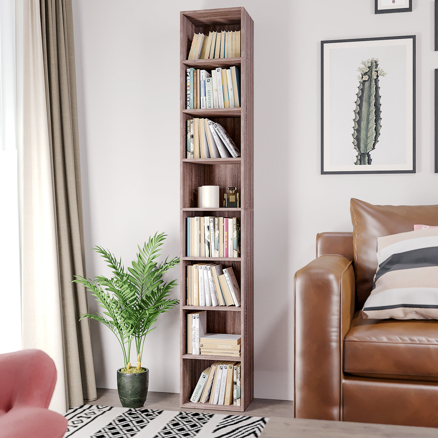 Tall narrow bookshelf drawing the eye upward in a low-ceilinged room