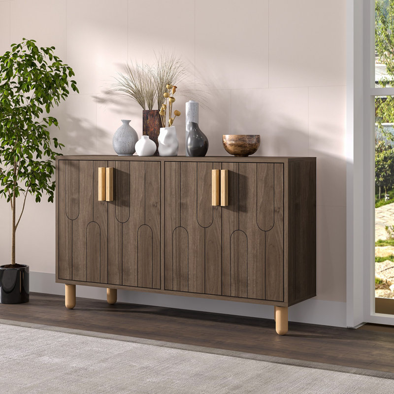 Console moderne en noyer de 47,2 po x 29,0 po x 11,6 po | 100% panneau de particules enduit de mélamine, épaisseur: 0,7 pouce | Finition brune élégante, conception géométrique | Parfait pour le vestibule, le salon et le couloir