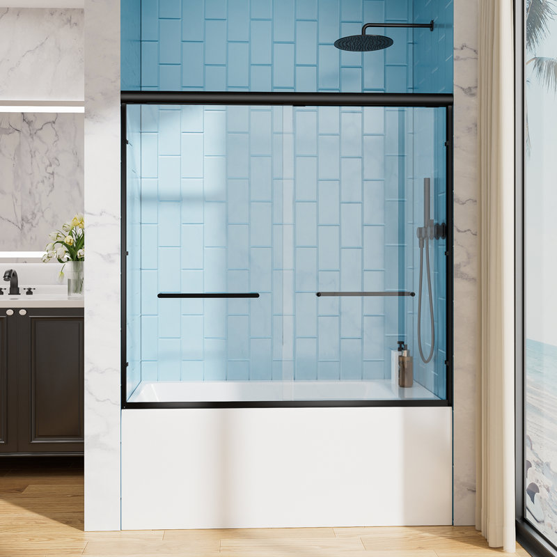 60 " X 57 " Aluminum Frame 1/4" Tempered Glass with Explosion-Proof Film Double Sliding Bathtub Door Stainless Steel Handles, Matte Black