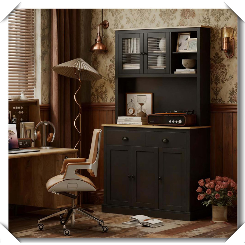 Organisateur de tablette autoportant avec armoire à café et station de micro-ondes, Noir