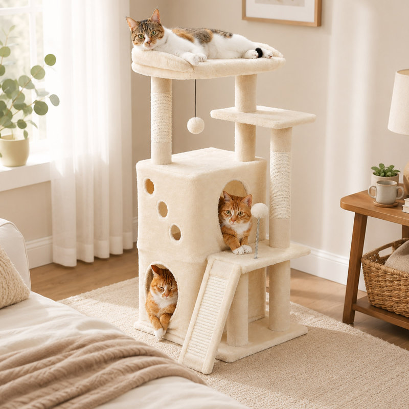 Arbre à chat 34,61 po avec condos doubles, poteaux à griffer et jouets pour chats d'intérieur