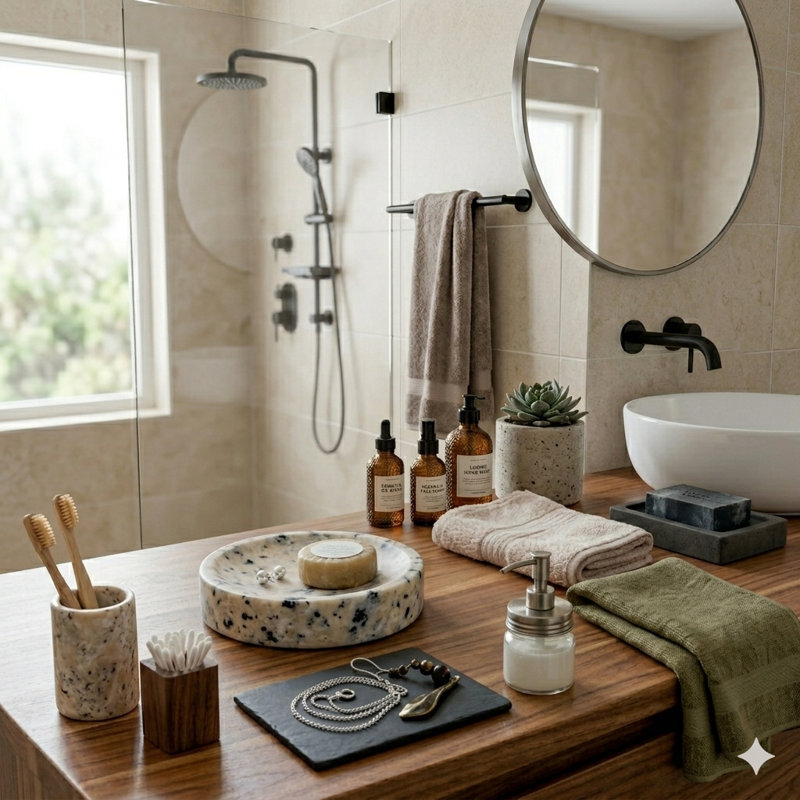 Plateau de meuble-lavabo rond naturel en forme de travertin et bijoux - Socle décoratif pour parfum, anneaux et clés, cadeau idéal