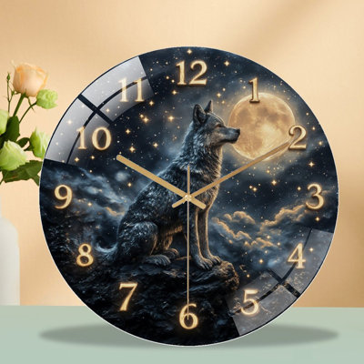 Clock Face With Wolf And Moon Art - 12'' Modern Glass Wall Clock