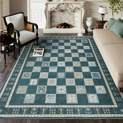 Tapis lavable rétro à carreaux - Tapis antidérapant à motif rétro pour le salon, la chambre à coucher ou le vestibule
