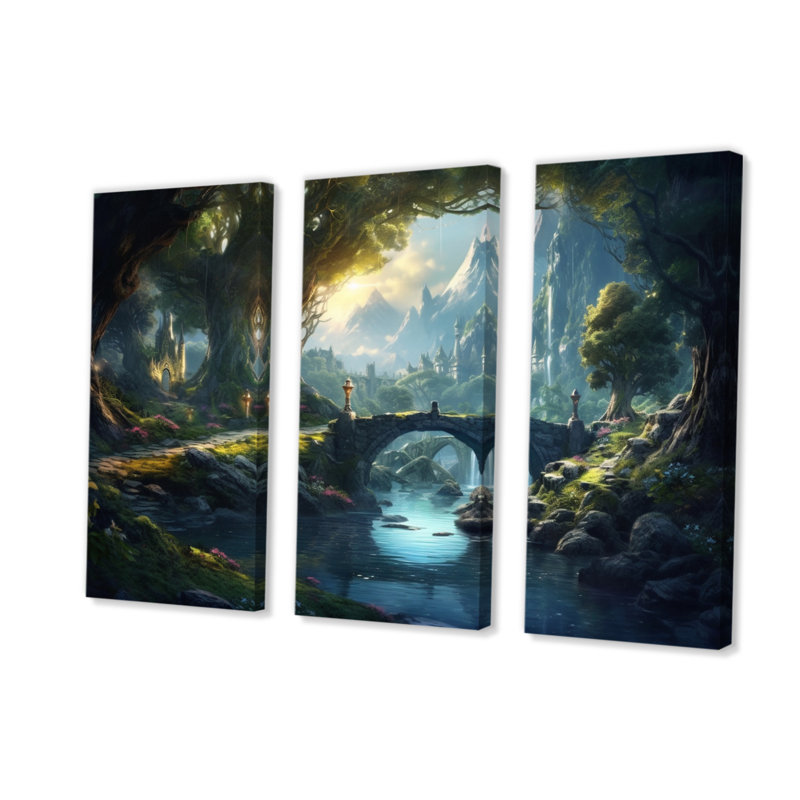 «Green Blue Calming Waterfall - Lakes & Rivers», ensemble de reproductions d'art sur toile, H 40 po x l 60 po x P 1 po