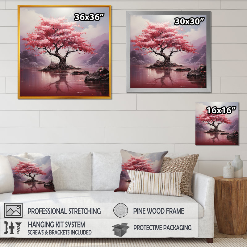 Cerisier rose en fleurs dans la rivière II - Art mural cerisier en fleurs, H 16 po x l 16 po x P 1 po
