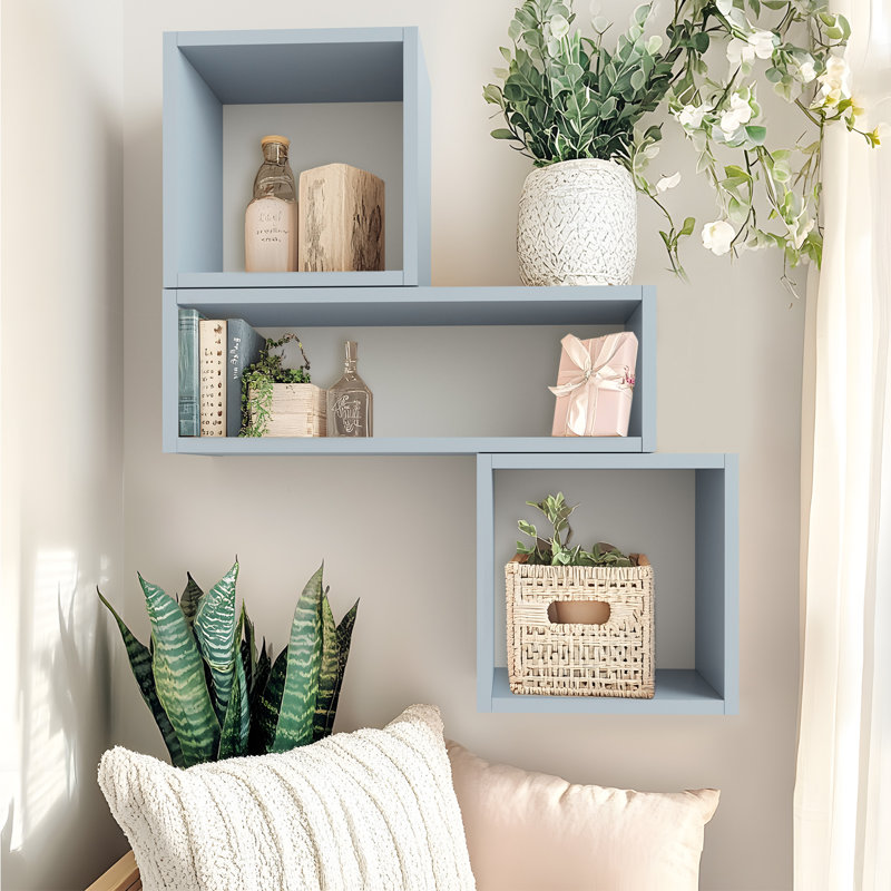  Wall Mount Cube Shelf Set Of 3, Floating Cube Shelves For Space Discovery, Peace Blue, Peace Blue