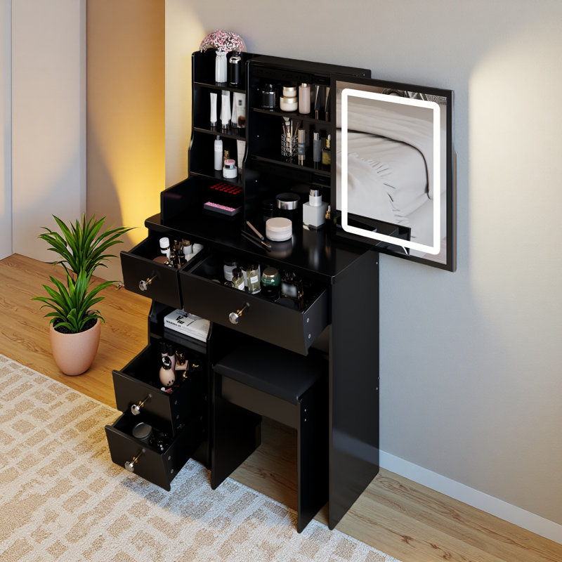 Petit meuble-lavabo de 29,2 po avec tabouret de bureau et tabouret rembourré à gauche 29,5 po, grande commande tactile, interrupteur tricolore, miroir à luminosité réglable, rangement à grande capacité, convient aux petits espaces