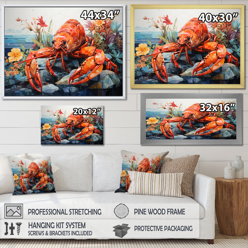 «Coral Yellow Lobster Grace», reproduction géométrique sur toile, H 34 po x l 44 po x P 1,5 po, Cadre flottant noir