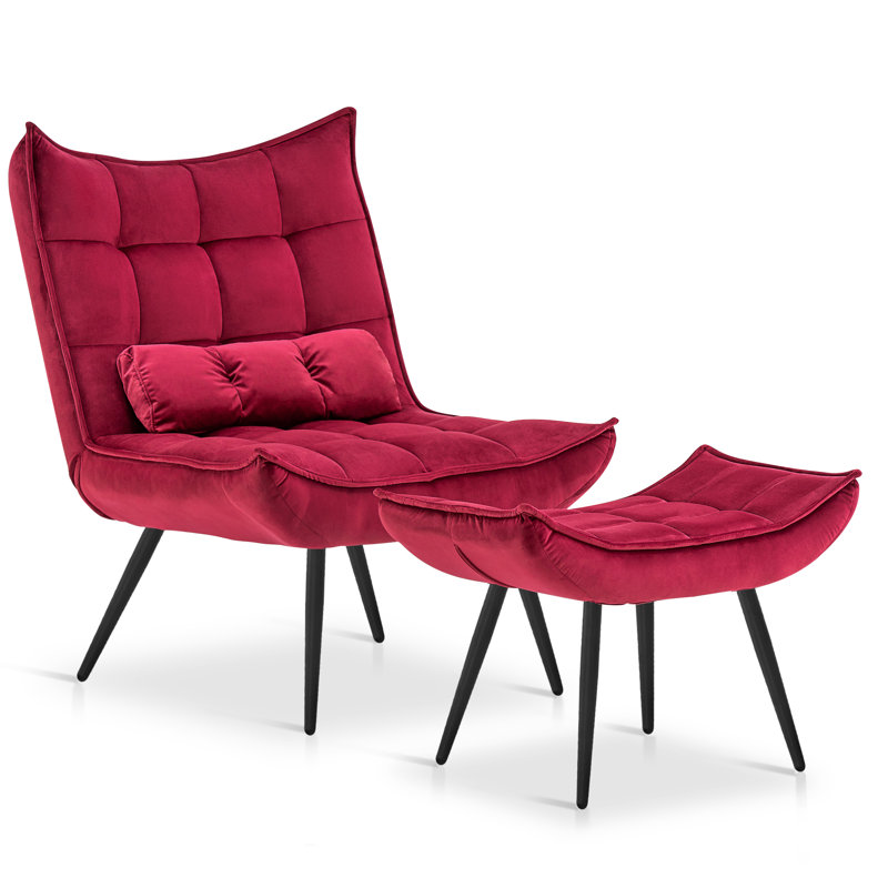 Cellan Accent Chair With Ottoman, Velvet Modern Tufted Wingback Club Chair, Burgundy 