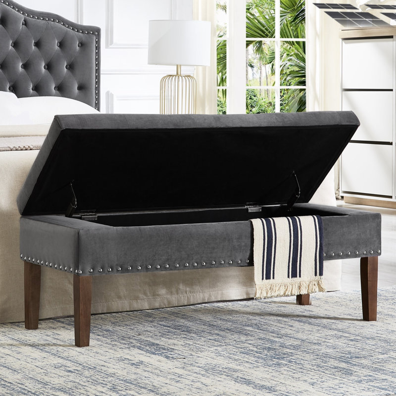 Banc avec rangement interne, velours gris foncé, design classique et moderne, structure en bois d'hévéa, L 48 po x l 18 po H 18,5 po, siège confortable pour s'habiller, chaussures de rangement style livres, chambre à coucher