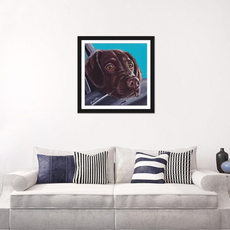 «Chocolate Lab in Car», impression sur toile, Papier d'art encadré noir, H 24 po x l 24 po x P 1 po