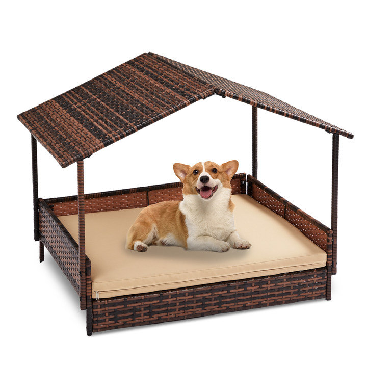 Medium Brown Wicker Elevated Dog House with Cushion