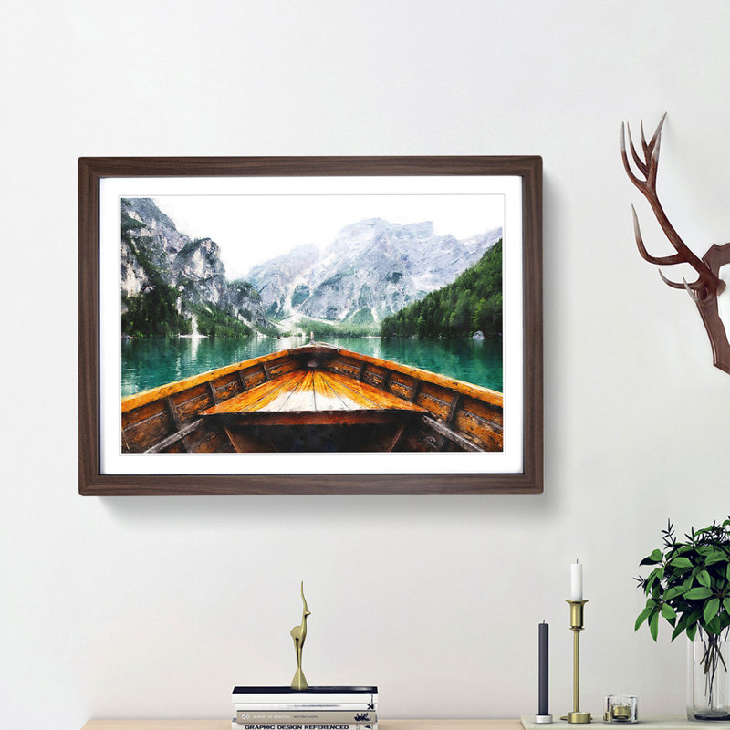 Boat In Lago Di Braies Italy Painting - Single Picture Frame Print on MDF, Oak, 62cm H x 87cm W x 2cm D