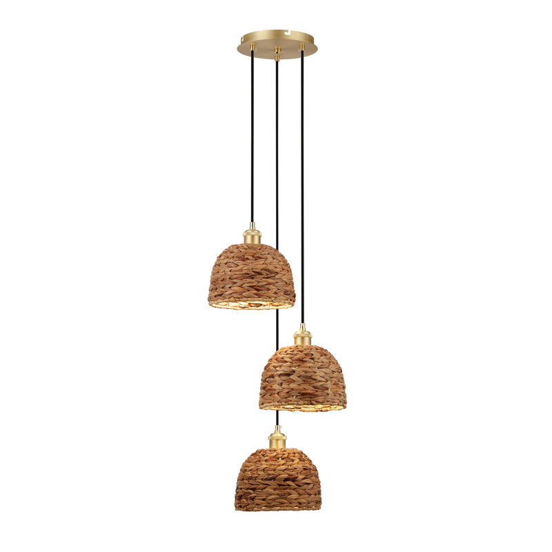 3-light Cluster Natural Rattan Woven Shaded Pendant Light Brass Finish