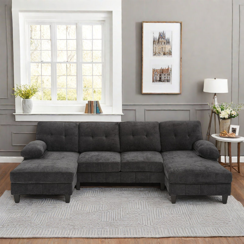 U-shaped Sectional Sofa With Dual Chaise Lounges, Storage Pockets And Armrest Pillows, Black Chenille