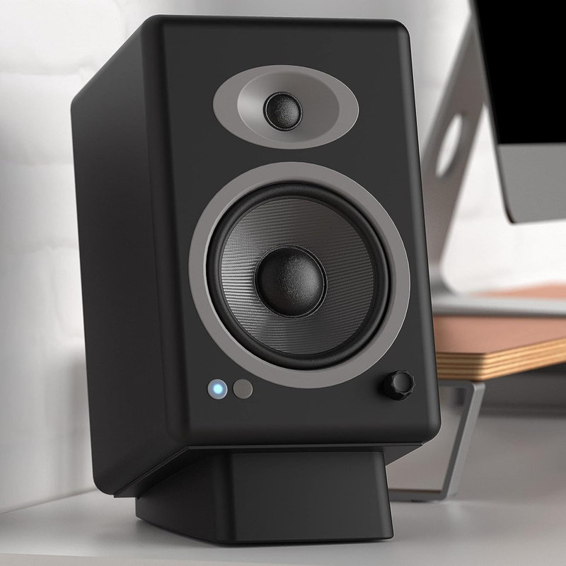 Symple Stuff Desktop Speaker Stands Wedge, Desk Speaker Stands For Medium Speakers, Anti Vibration Silicone Angle Wedge Speaker Riser For Computer, Bookshelf, And Studio Speaker Stand, Black, Medium