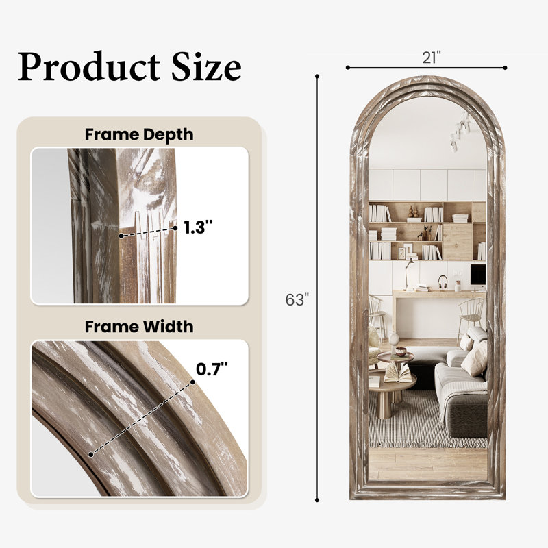 Arched Solid Wood Full Length Mirror, Antique White Wash