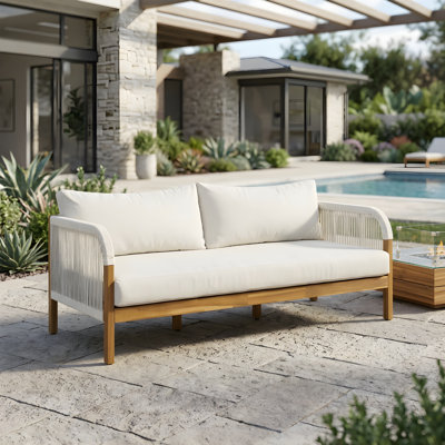 Acacia Wood Outdoor Loveseat with Thick Cushion & 2 Pillows, Patio Sofa with Hand-Woven Rope Accents