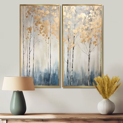 Minimalisme, forêt bleue et dorée II, art mural forêt à 2 panneaux