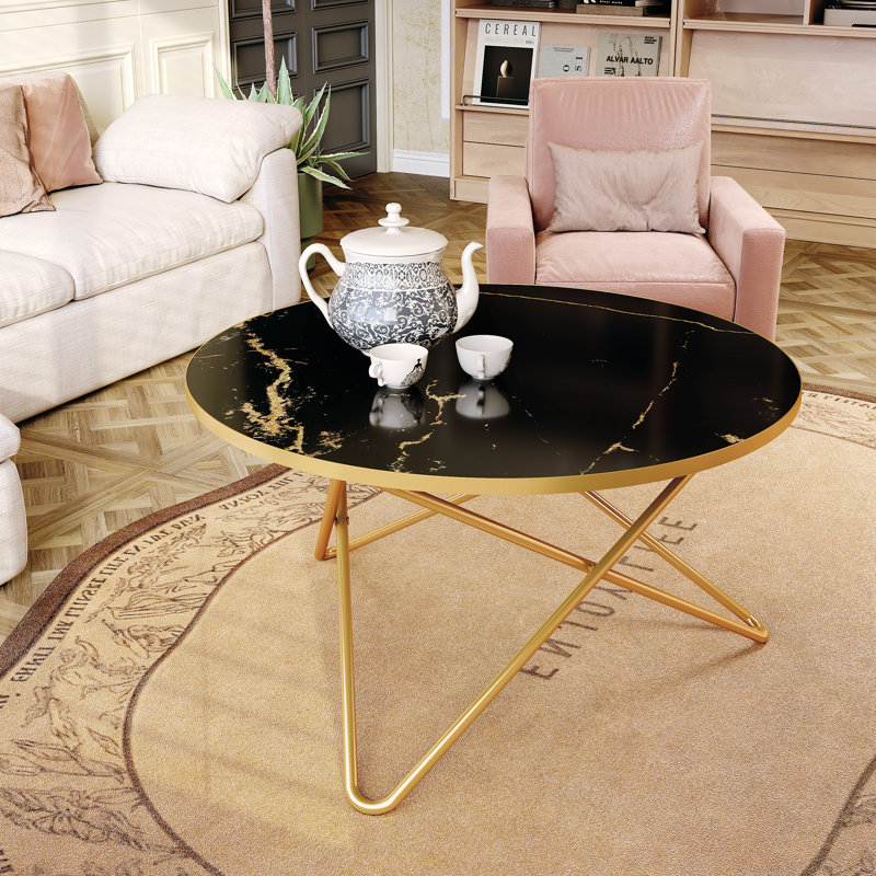 Table de bout ronde 31,49 po avec plateau en faux marbre moderne pour le salon ou le bureau, Noir