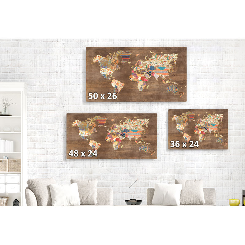 map Patterned World Map On Wood Texture, On Brown, Red, Gold, Gilded, Orange, Continents, 16" H x 24" W x 1.5" D