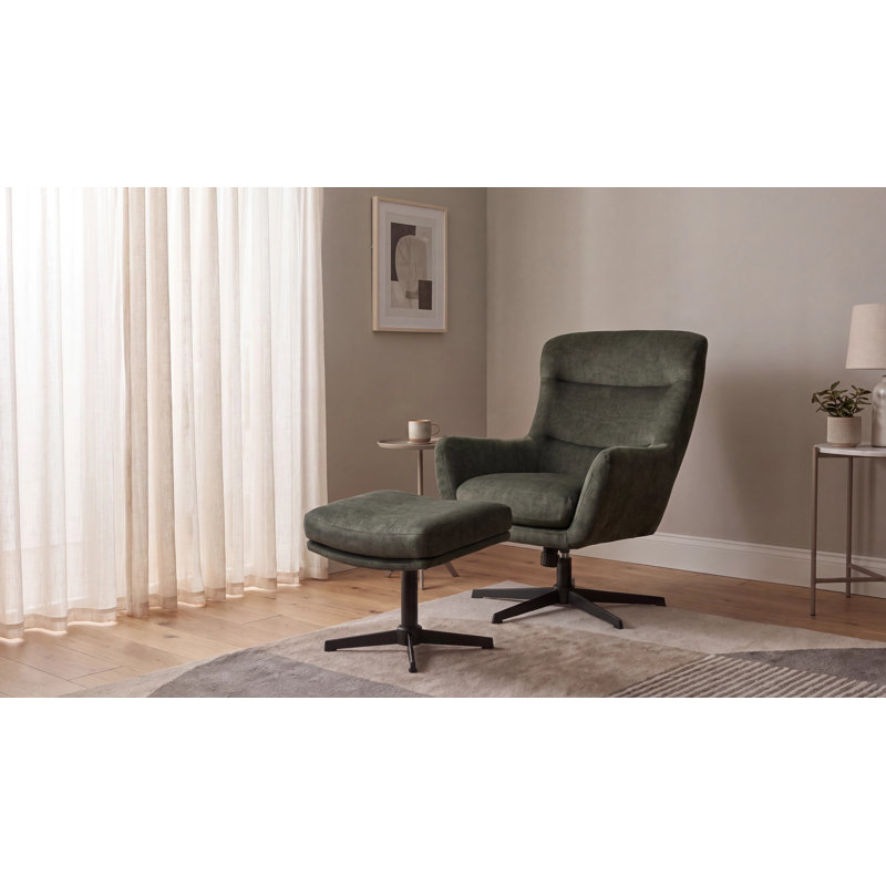 Watseka Upholstered Swivel Armchair with Footstool, Green