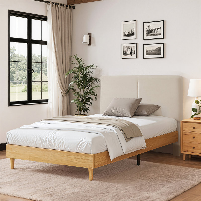 Lit plateforme en tissu d'ameublement Binnett, Lit simple, Beige