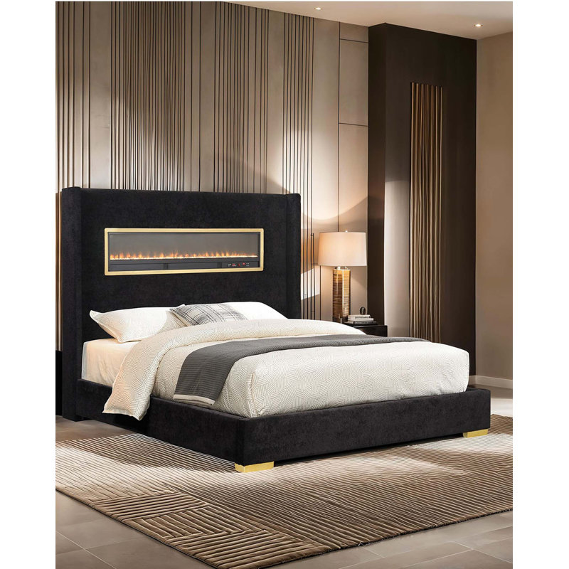 Lit plateforme tapissier contemporain avec simulateur de foyer 3D et audio Bluetooth, Très grand lit, Noir