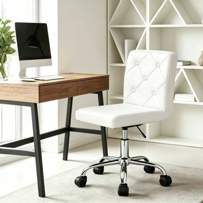 White Armless Ergonomic Adjustable Swivel Office Chair with Wheels – Modern Rolling Computer Desk Chair, Comfortable Task Chair for Home Office, Study, or Vanity