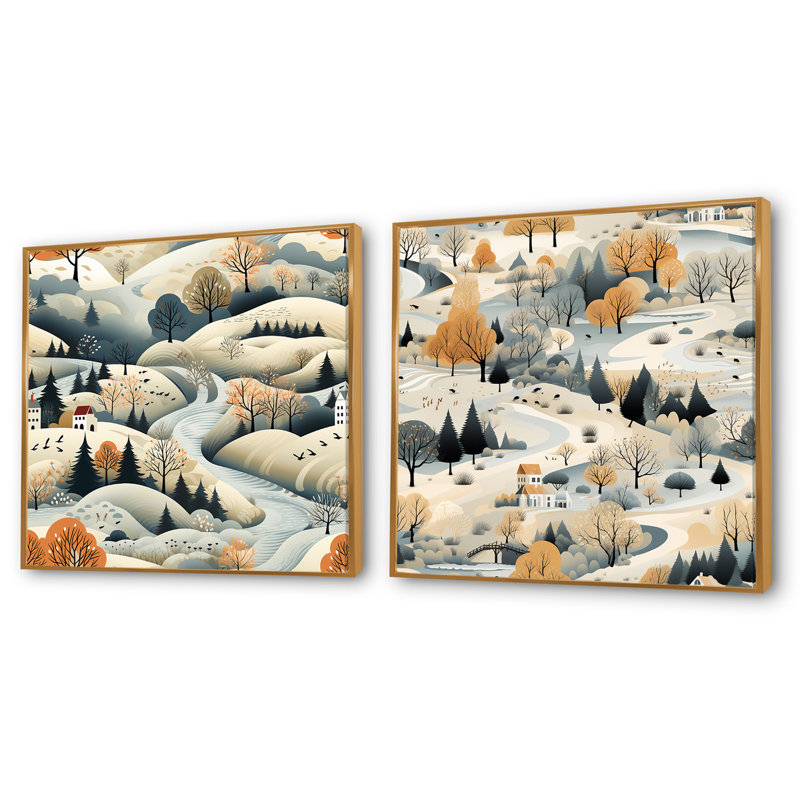 Summer Scandinavian Landscape - Ensemble de 2 collages carrés, Cadre flottant doré, H 30 po x l 61 po