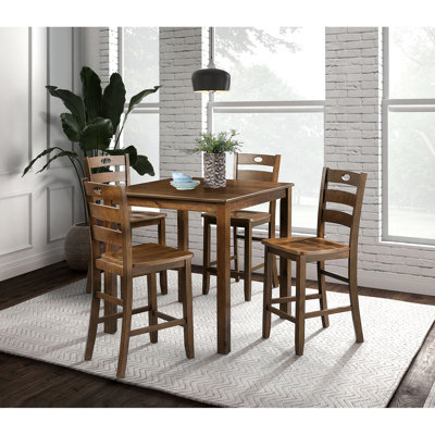 Salle à manger en noyer 5 pièces avec table carrée et 4 chaises à dossier en lattes, Dignité transitionnelle, bois d'hévéa massif de Grace