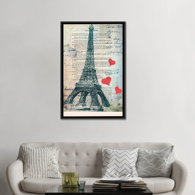 «Vintage Paper Series: Eiffel Tower Love», impression sur toile, H 26 po x l 18 po x P 1,5 po, Toile avec cadre noir