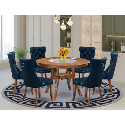 7 Piece Dining Table Set Contains a Round Table with Pedestal and 6 Navy Blue Polyester Fabric Upholstered Chairs, Sand Blasted Black
