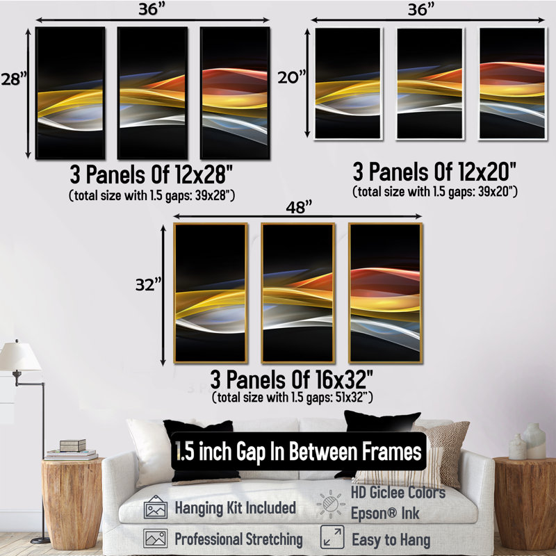 Ensemble de 3 toiles abstraites sur toile 3D, Noir, L 36 po x H 28 po