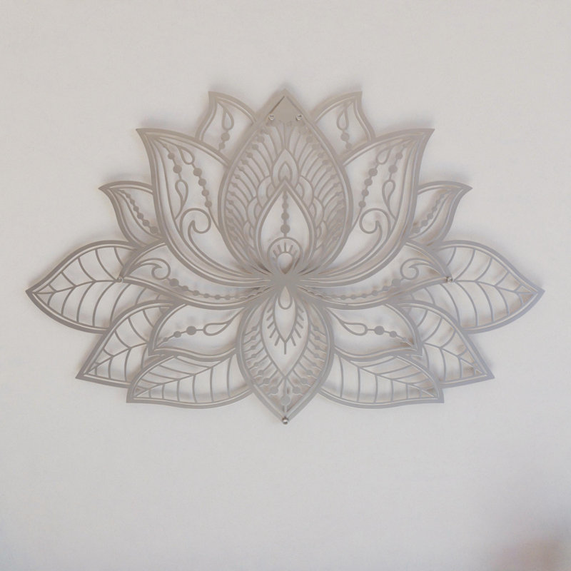 Mandala de lotus 3D en métal - fleur de lotus spirituelle, décoration murale multisize, H 17 po x l 26,3 po, Argent argent