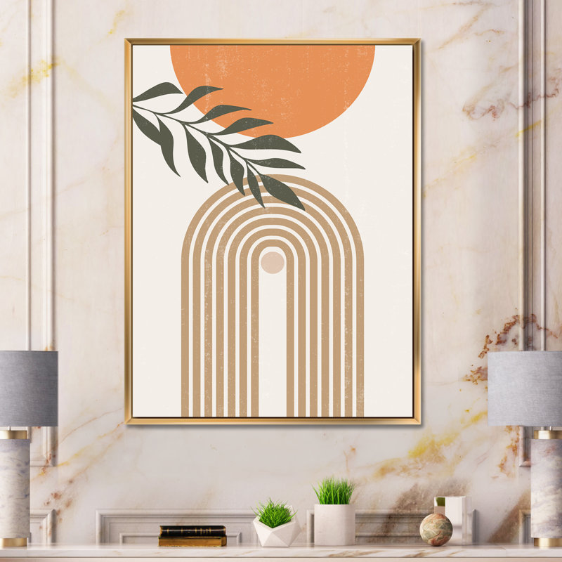 "Abstract Sun Moon Leaves I" - cadre flottant, impression sur toile, H 32 po x l 24 po x P 1 po, Encadrement doré