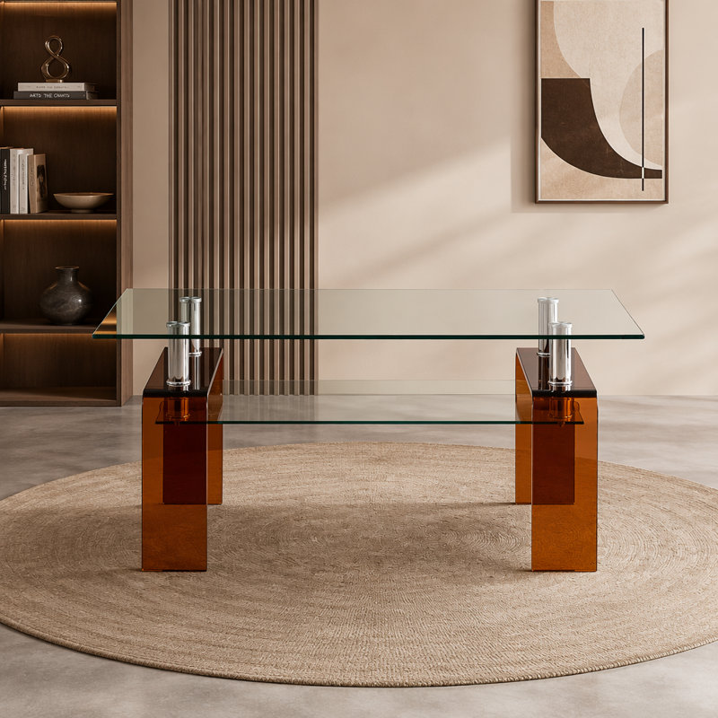 Table basse en verre trempé, table basse 2 couches, Transparent / brun